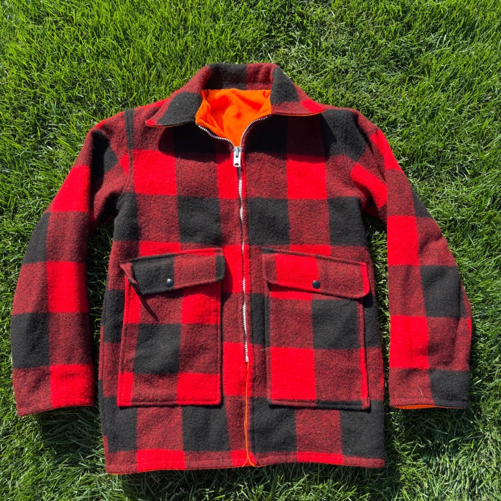 Woolrich Reversible Hunting Jacket Mens Small Buffalo Plaid Wool Blaze Orange